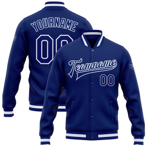Vente en gros dans l'industrie directe de bombardiers décontractés pour l'hiver sur mesure, veste Letterman à bouton-pression royal blanc - Product Image 1