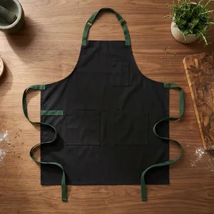 Classic Eco-Friendly Sleeveless Bib <b>Apron</b> Black Cotton Canvas with Multiple Pockets for Cooking Daily Use - Product Image 1