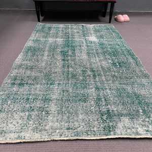 Tapis turc vintage, tapis de 3,8 x 6,2 pieds, tapis en laine vert et blanc à bordures - Product Image 2