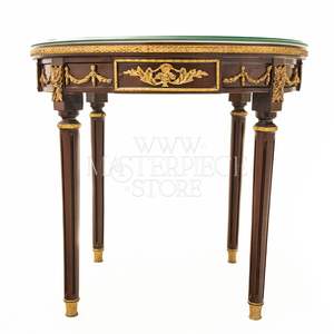 Mesa Auxiliar Redonda de Lujo de Caoba con Incrustaciones Florales y Guirnaldas de Latón Dorado Antiguo para Decoración Clásica del Hogar - Product Image 5