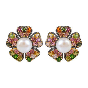 Pendientes de Plata de Ley 925 con Flores de Madreperla y Turmalina, Joyería Fina de Alta Calidad, Gran Venta - Product Image 1