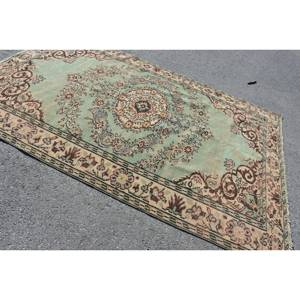 Alfombra de lana turca vintage verde y beige de 59x89 pies diseño de retales rectangulares de estilo clásico para respaldo de látex de cabecera - Product Image 3