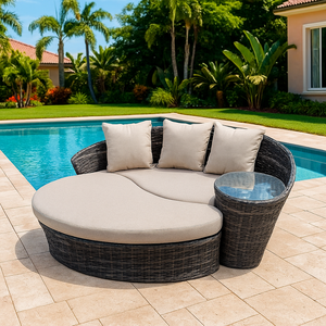 Round Outdoor Daybed <b>Rattan</b> Wicker Sun Lounger Cushioned Patio <b>Sofa</b> for Garden Courtyard Hotel - Product Image 3