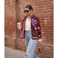 Blouson bomber bohème brodé à la main Suzani, extérieur en cuir véritable, motif floral, tissu tissé, doublure en coton, coupe classique, léger