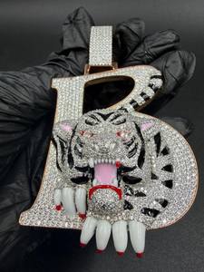 Custom B Letter And Tiger Moissanite Round Cut Hip Hop <b>Initial</b> <b>Pendant</b> For Men 925 <b>Silver</b> Party Fine Jewelry <b>Pendants</b> & Charms - Product Image 2