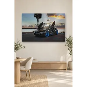 Impression sur toile Fida BMW i8 avec portes papillon ouvertes au coucher du soleil - Product Image 2