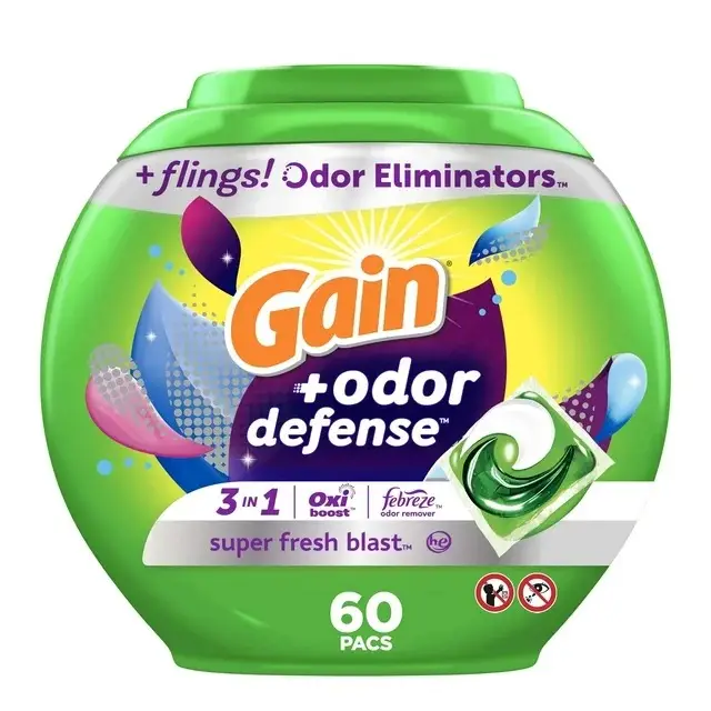 Pacotes de detergente para a roupa Gain Flings + Odor Defense, perfume super fresco, contagem de 60