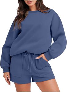 Women Oversized Crew Neck <b>Sweatshirt</b> Shorts Set Two Piece Lounge Set Casual <b>Long</b> Sleeve Pullover <b>Sweatshirt</b> Elastic Waist Pocket - Product Image 2