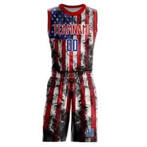 Ensemble de vêtements de sport à rayures de drapeau américain pour les jeunes, maillot de basket-ball à col rond, short personnalisé sublimé pour l'équipe - Product Image 5
