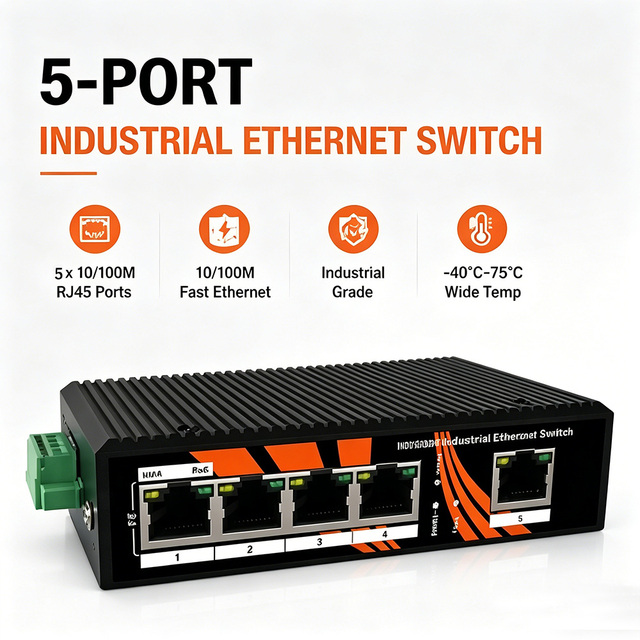 YidoSwi ND2P05TX Industrial Fanless 5 Port 10/100M Fast Ethernet 6KV Surge -40~75C Wide Temp DIN Rail PoE 1Gbps Switch IP