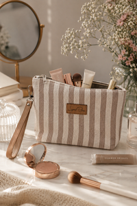 Pochette de voyage personnalisée en toile rayée pour cosmétiques, organiseur de maquillage, fournisseur de marques privées avec logo sur mesure - Product Image 1