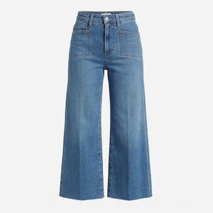 Vente en gros de jeans pour femmes à taille haute, pattes d'éléphant, déchirés, vêtements décontractés pour femmes, pantalons mi-longs, streetwear d'hiver, OEM - Product Image 1