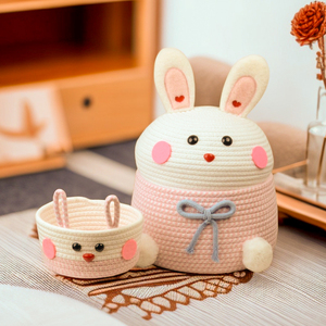 Panier <span class=keywords><strong>de</strong></span> rangement en corde <span class=keywords><strong>de</strong></span> coton sans formaldéhyde avec couvercle, motif lapin <span class=keywords><strong>de</strong></span> Pâques, organisateur mignon pour jouets, chambre d'enfant, rangement domestique - Product Image 1