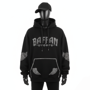 Premium 400 GSM Cotton <b>Fleece</b> <b>Men</b> Hoodie <b>Black</b> Rhinestone Logo Embellished Streetwear Custom Design basics Hoodie - Product Image 1