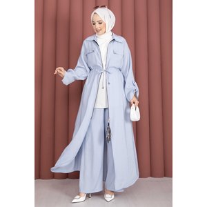 Conjunto de Pantalones y Túnica Azul Cielo Casual de Otoño para Bebé, Dos Piezas Holgadas con Cremallera en la Cintura, Top de Punto de Algodón, Patrón Liso, Tejido de Tela - Product Image 1