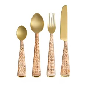 Cubiertos de lujo seguros para alimentos, mango de ratán de acero inoxidable, 2 tenedores, 2 cuchillos y 1 cuchara, juego de cubiertos - Product Image 2