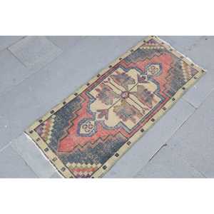 1.6x3.5 ft Turkish <b>Wool</b> Small Rug Vintage <b>Red</b> Patchwork Latex Backing Rug - Product Image 3