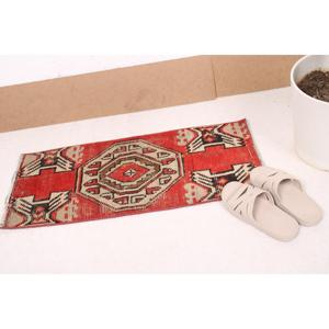 1.2x2.7 ft Turkish Rug, Vintage Small Rug, <b>Red</b> Floral <b>Wool</b> Rug - Product Image 1