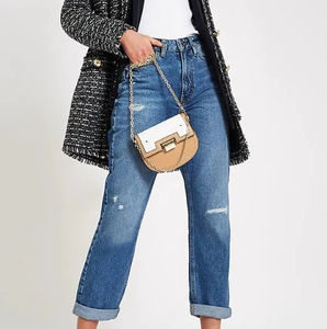 Prix d'usine, jean ample pour femmes en denim bleu foncé délavé, extensible, élégant, pantalon à jambes larges, fabricant de jeans - Product Image 4