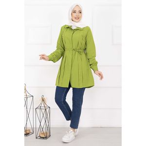 Camisa Hijab Verde Oliva de Longitud Completa con Botones Ocultos y Detalle de Pliegues, Blusa Modesta - Product Image 3