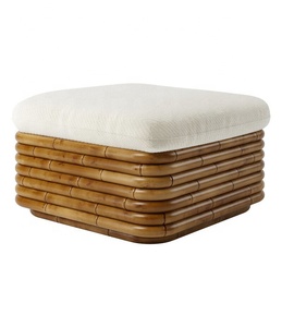 Round Scallop Rattan <b>Ottoman</b> with White Cushion Luxury Wicker <b>Stool</b> Variety of Design OEM Packing in HNH Craft Factory - Product Image 6