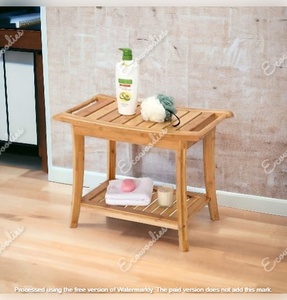 Tabouret et banc de douche en bambou avec étagère de rangement Sièges de bain pour adultes Seniors Femmes Personnes âgées Console d'incrustation d'os - Product Image 5