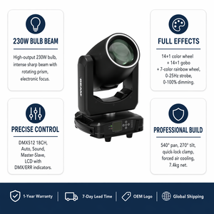 Mini Cabeza Móvil Sharpy Beam de 230W 7R, 14 Colores/14 Gobos, Rueda Arcoíris, Prisma, DMX512/Activación por Sonido, IP33, 30000 Lúmenes, Halógena - Product Image 1