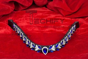 Elegant Horse Leather Brow Band with Royal Blue & White Leaf <b>Crystals</b> Premium Quality Handmade Equestrian Headstall <b>Accessory</b> - Product Image 2