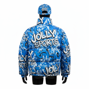 Chaqueta acolchada de poliéster de lujo 300GSM, diseño estampado azul vibrante, transferencia de calor, logotipo personalizado, ropa de moda, chaqueta acolchada para hombre - Product Image 1