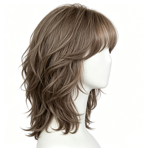 Peluca de cabello humano rizado medio en capas color marrón ceniza con flequillo de aire - Product Image 3