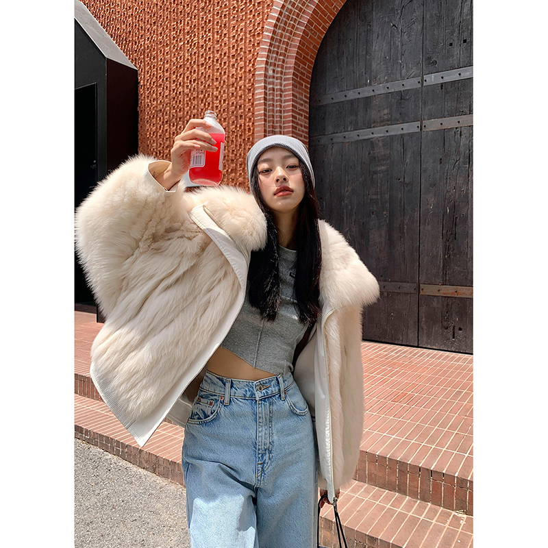 Luxury 2023 Oversized Real Knitted Fox Fur Coat For Women Winter Korean Style Turn Down Collar Natural Fur Outwear Lady Clothing