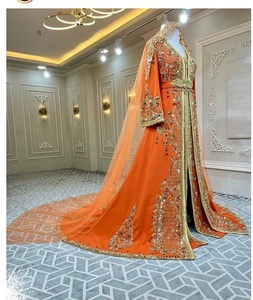 Nuevo bordado con piedra elegante embellecida, Dabka, trabajo de perlas en hermoso caftán naranja argelino y velo para boda = 2025 - Product Image 1