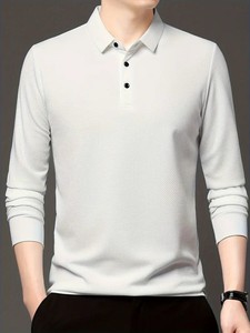 เสื้อเชิ้ตโปโลแขนยาวสำหรับผู้ชายเสื้อถักผ้าโพลีเอสเตอร์สีพื้นแบบลำลองแฟชั่นขายดี220กรัม - Product Image 4