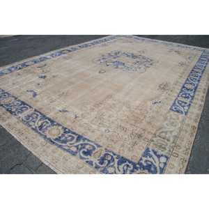 Alfombra de 7.7x11.5 pies, Alfombra Turca Vintage, Alfombra Sólida Azul y Blanca - Product Image 3