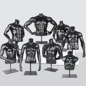 黑色塑料半身肌肉健美运动服装女性人体模型躯干，带金属支架