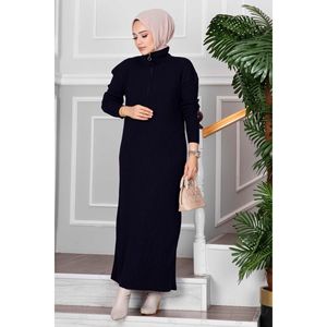 Robe en maille Hijab à demi-fermeture éclair Bleu marine - Product Image 3