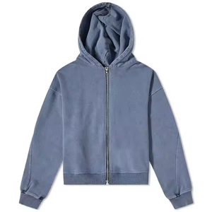 2026 Sweat à capuche zippé coupé et cousu, coupe courte et ample, 100% Coton, bleu délavé à l'acide - Product Image 3