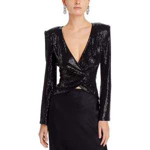 L'Agence <b>Black</b> XS Size Blazer with Embroidery and Sequins Metallic <b>Wrap</b> Solid and Print Knitted Pattern - Product Image 1