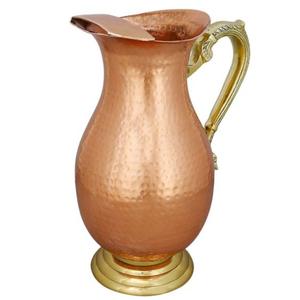 Gorgeous Look Hammered Texture Copper Antique Finished Top Quality Metal Made Pitcher With Golden Handle And Base From India - Product Image 1