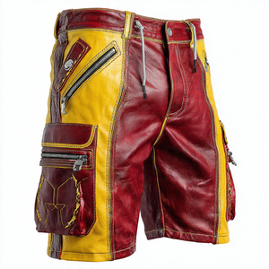 Pantalones Cortos Cargo de Moda Urbana para Hombre, Pantalones Cortos de Cuero Estampados con Cordón en la Cintura, Pantalones Cortos de Cuero PU para Hombre - Product Image 4