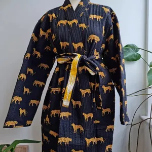 Dier Luipaard Geïnspireerde Zwarte Katoenen Kimono Gewaad Bruidsmeisje Gewaden Lichtgewicht Nachtkleding Katoenen Jurk Boho Douche Gewaden Bulk