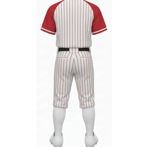 Ensemble uniforme de baseball personnalisé rouge à manches raglan, maillot sublimé à rayures blanches et pantalon assorti - Product Image 3
