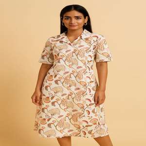 Robe en coton à col en V à fleurs pour femmes Robes imprimées à l'écran Robes de mode Utilisation au bureau Tunique de mode Robe de soirée Shopping en ligne - Product Image 1