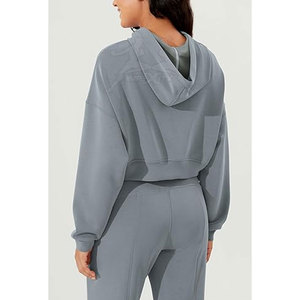 เสื้อฮู้ดแขนยาวมีซิปคอตตอนผสมดีไซน์เรียบง่ายสวมใส่สบาย - Product Image 4