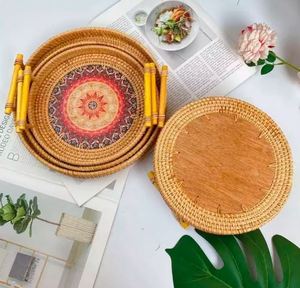 <b>Basket</b> <b>Tray</b> Restaurant Hotel Ware Supplies Printed Design Exclusive Style Hand Woven Round Shape Rattan Serving <b>Tray</b> - Product Image 3