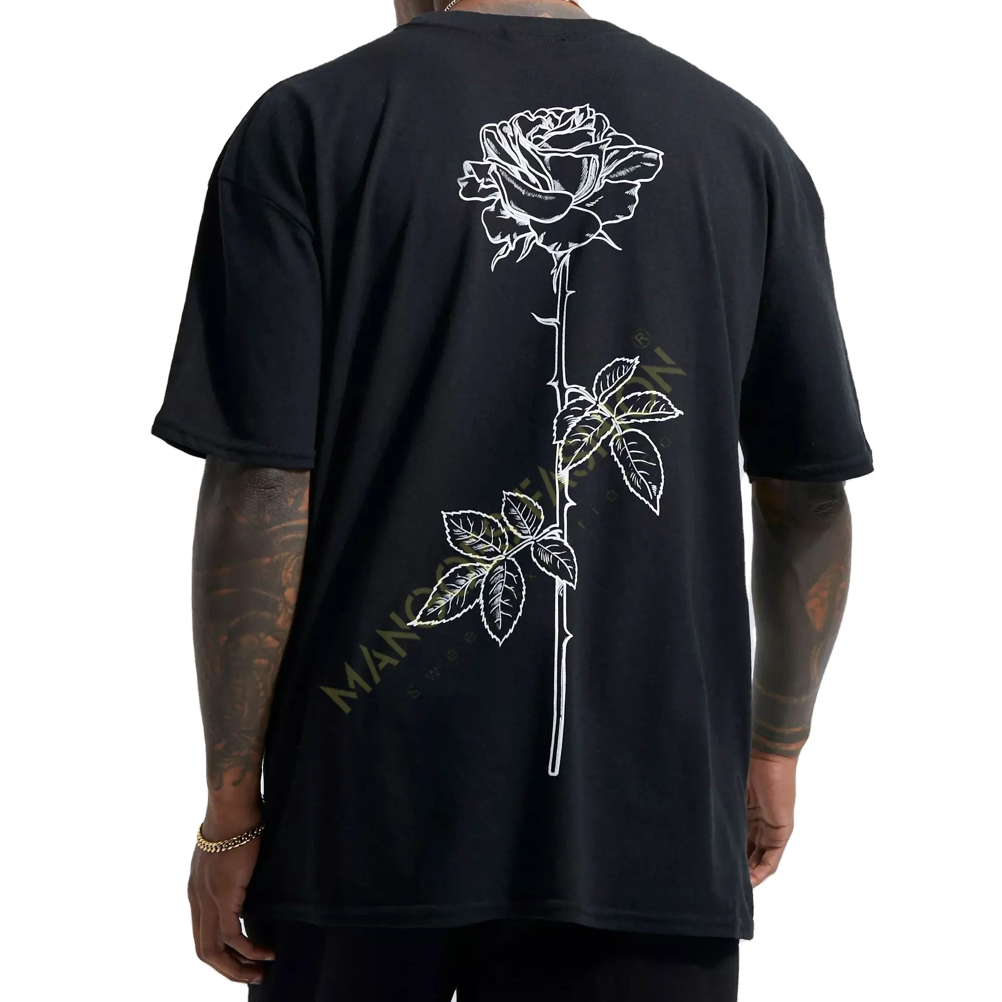 Customizable Men's Graphic T-Shirt: Line Drawn Rose Stem Print on Black | Personalize Your Style Wholesalers