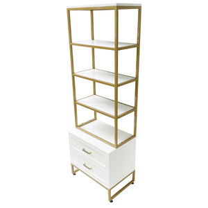 KS68130 Living Room Standing Type Bookshelf with Iron Frame and Rubber Wood Decorative Bookshelf with <b>Drawers</b> - Product Image 1