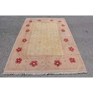 Vintage Turkish Rug Classic <b>Pink</b> Beige 5.3 X 7.5 ft Handmade Patchwork Design <b>Wool</b> Latex for Living Room Hallway for Teens - Product Image 1