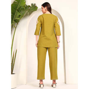 DEEBACO Women's Green Solid Embroidered Patch Work Co-Ord <b>Set</b> Casual V-Neck <b>Square</b> Neck Top With Ankle Length Trouser Summer - Product Image 5