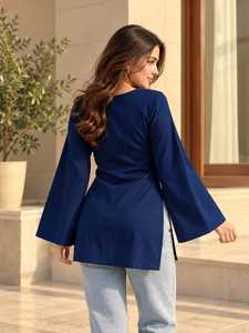 Women’s Solid Navy Blue V Neck Bell Sleeve Tunic <b>Top</b> – Wholesale Casual Fashion Blouse Rayon Casual and Ethnic Wear Short <b>Kurti</b> - Product Image 2